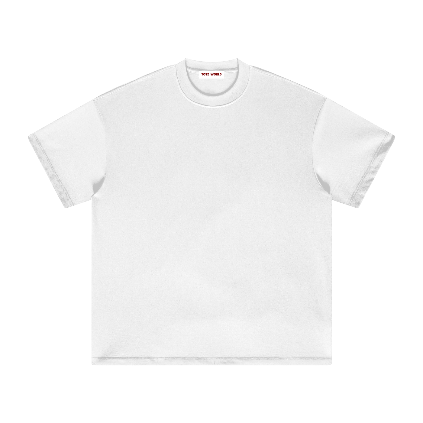 A TOTZ WORLD Y2K premium heavyweight cotton White t-shirt with a small red logo on a white background