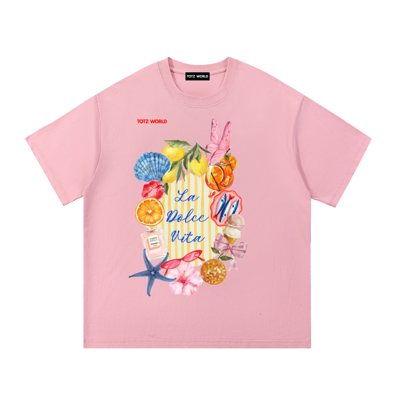 A  TOTZ WORLD light pink short-sleeve T-shirt with a colorful beach-themed graphic print on the front featuring seashells, starfish, and the text 'La Dolce Vita' 