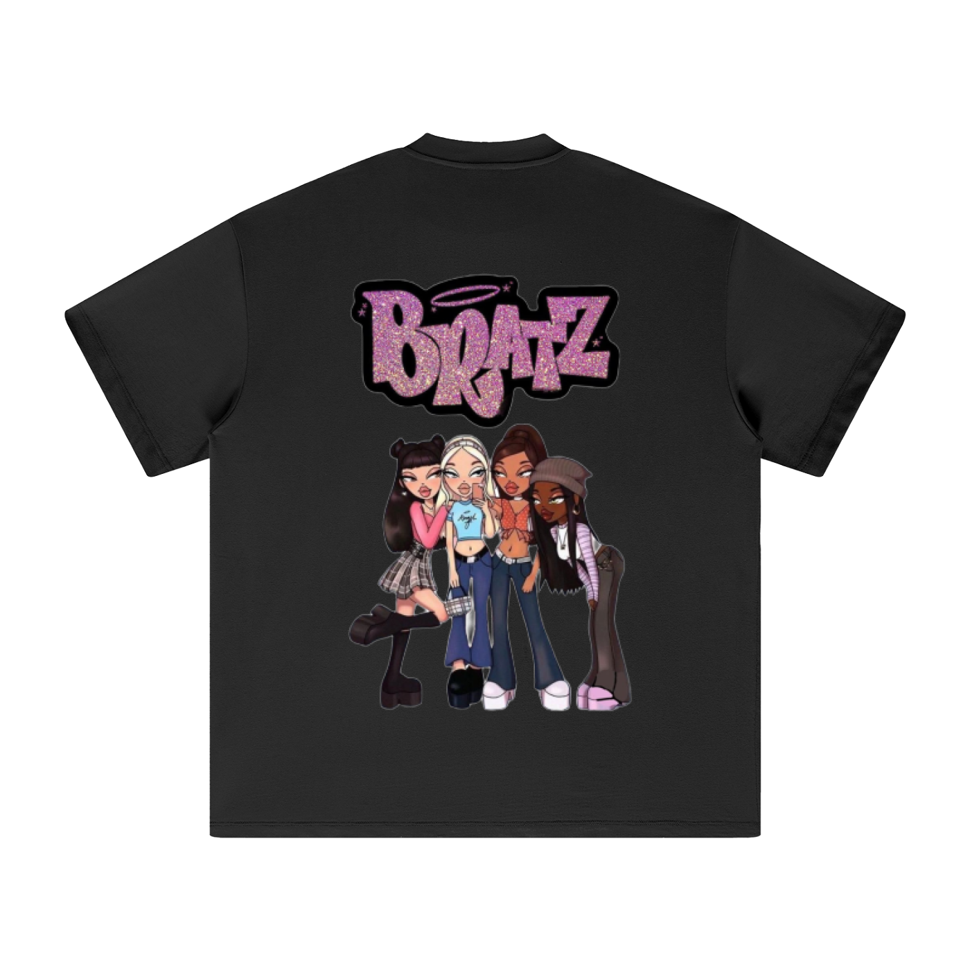 A black BRATZ  short-sleeve heavy weight cotton  t-shirt by TOTZ WORLD with a large graphic print on the back. The graphic features the word 'Bratz' in a pink glittery font with a halo above it, and an illustration of four cartoon girls standing underneath.