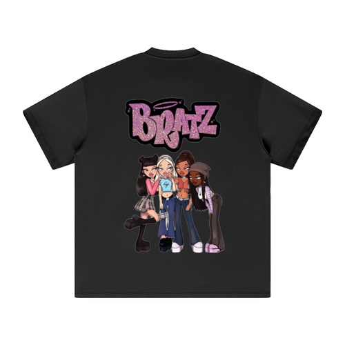A black BRATZ  short-sleeve heavy weight cotton  t-shirt by TOTZ WORLD with a large graphic print on the back. The graphic features the word 'Bratz' in a pink glittery font with a halo above it, and an illustration of four cartoon girls standing underneath.