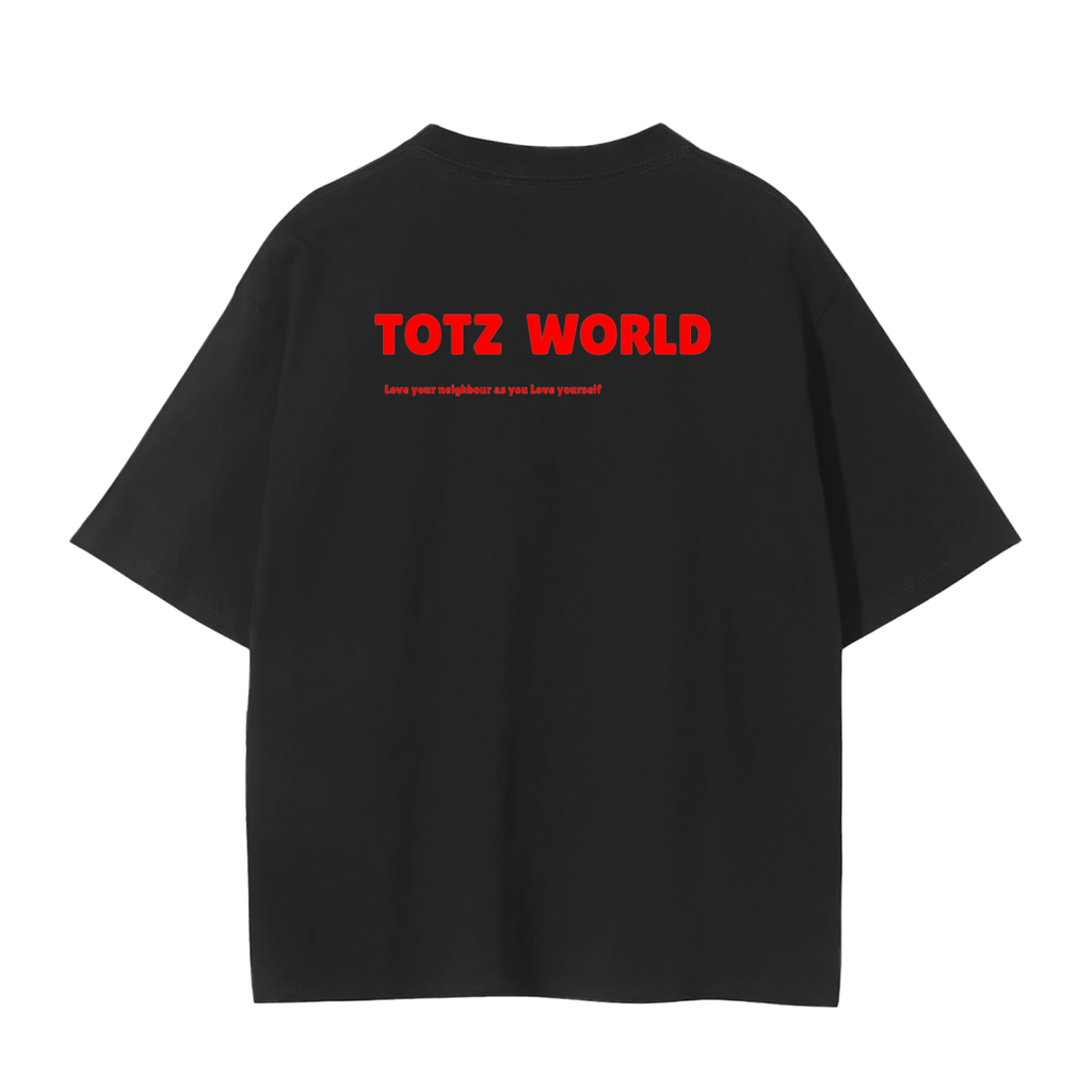 A black TOTZ WORLD short-sleeve t-shirt shown from the back, featuring the words 'TOTZ WORLD' printed in bold red letters across the upper back with a smaller red line of text underneath.