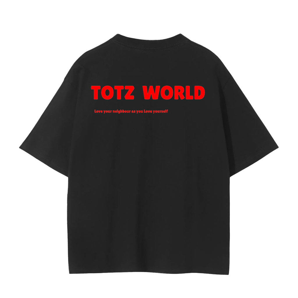 A black cotton TOTZ WORLD short-sleeve unisex  t-shirt shown from the back, featuring the words 'TOTZ WORLD' printed in bold red capital letters across the upper back, with a smaller red line of text underneath.