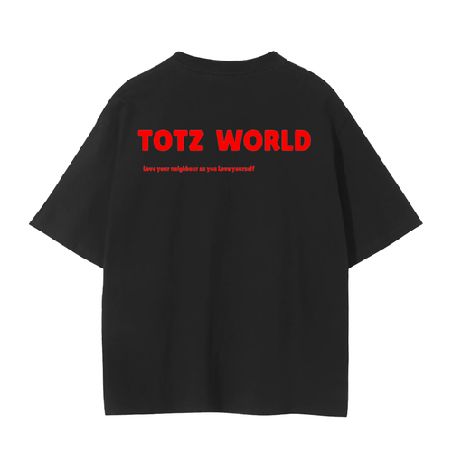 A black cotton TOTZ WORLD short-sleeve unisex  t-shirt shown from the back, featuring the words 'TOTZ WORLD' printed in bold red capital letters across the upper back, with a smaller red line of text underneath.