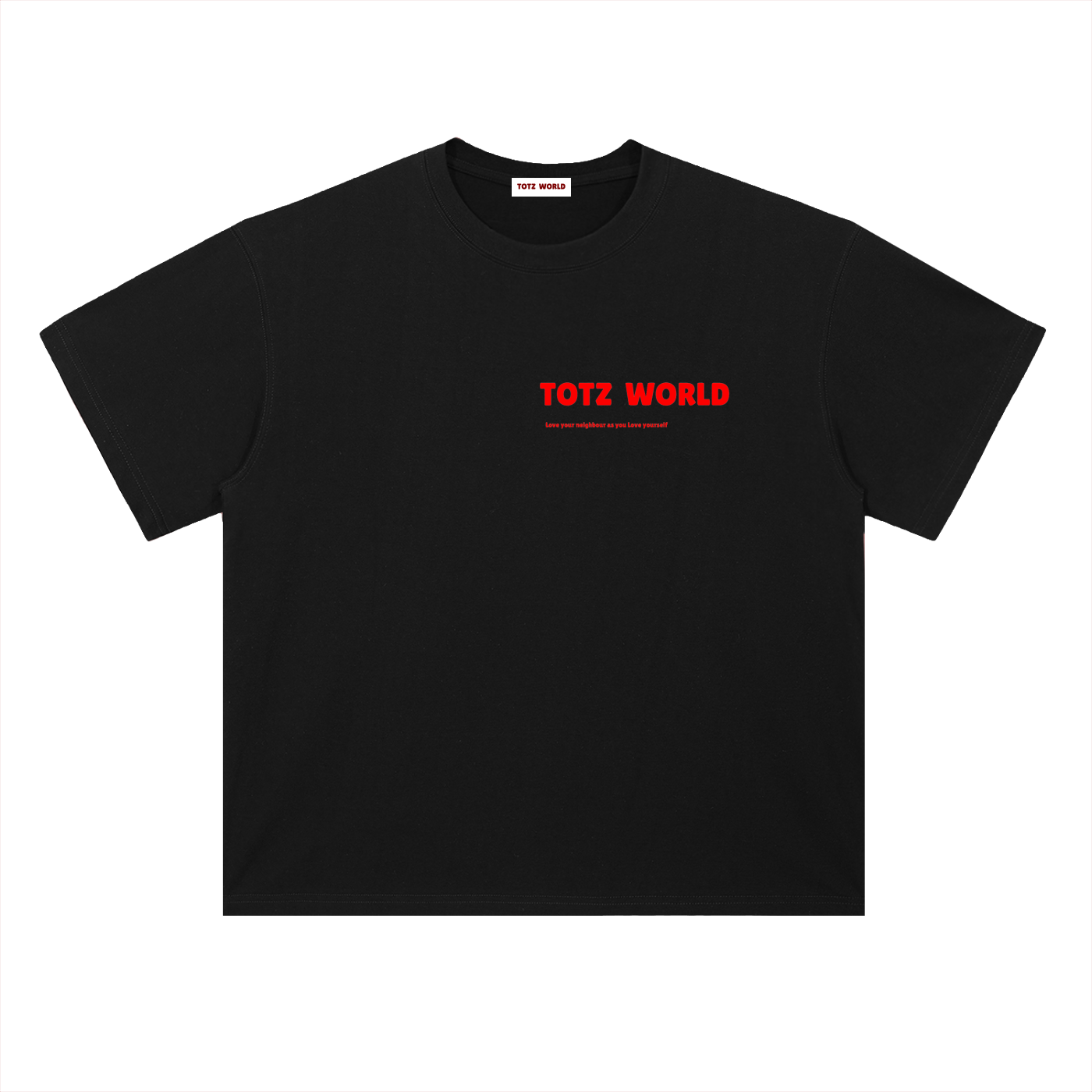 A black short-sleeve crewneck heavy weight t-shirt by 'TOTZ WORLD' printed in red across the chest, displayed flat against a solid white background.