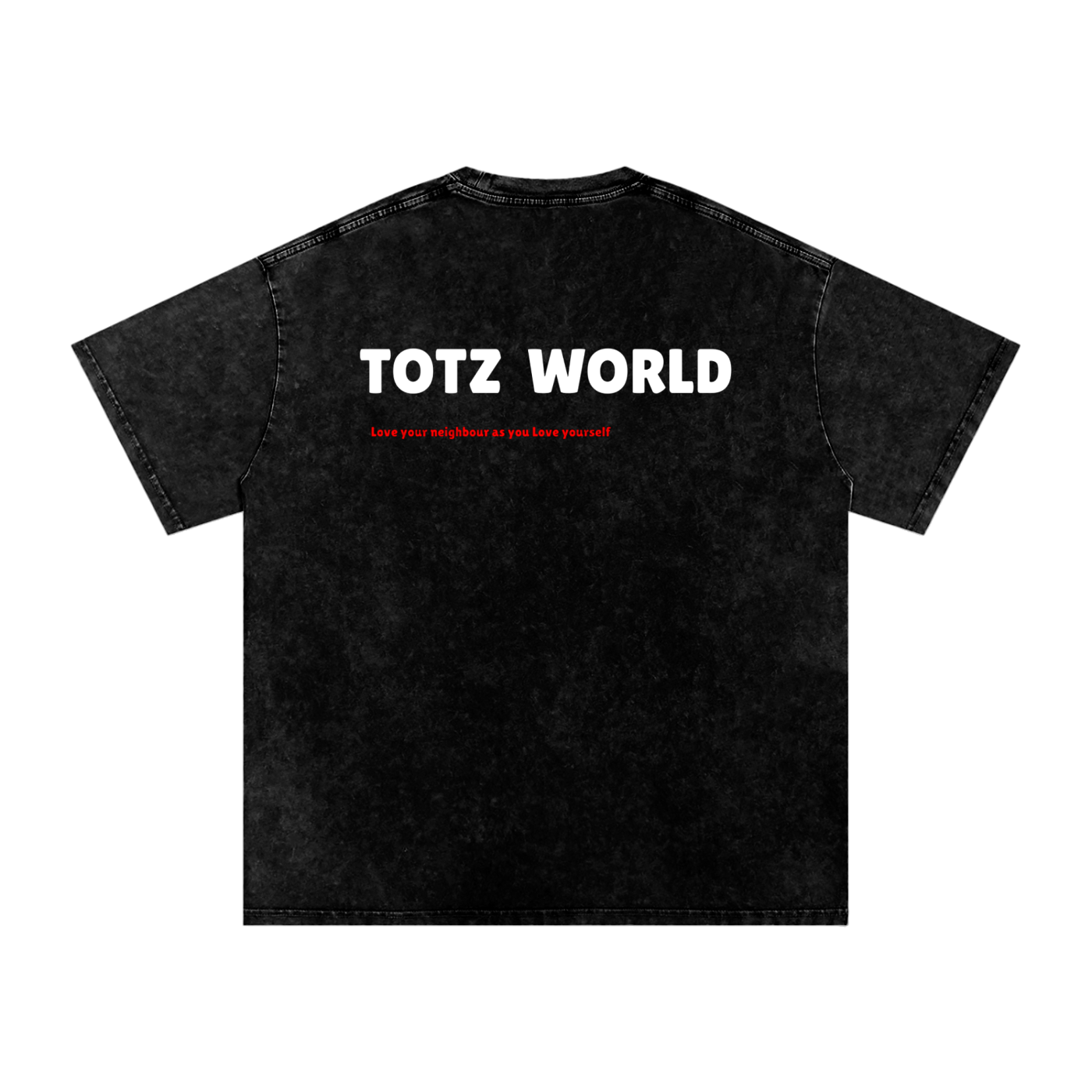 A black snow-wash t-shirt shown from the back, featuring the words 'TOTZ WORLD' printed in bold white capital letters, with a small red line of text underneath.