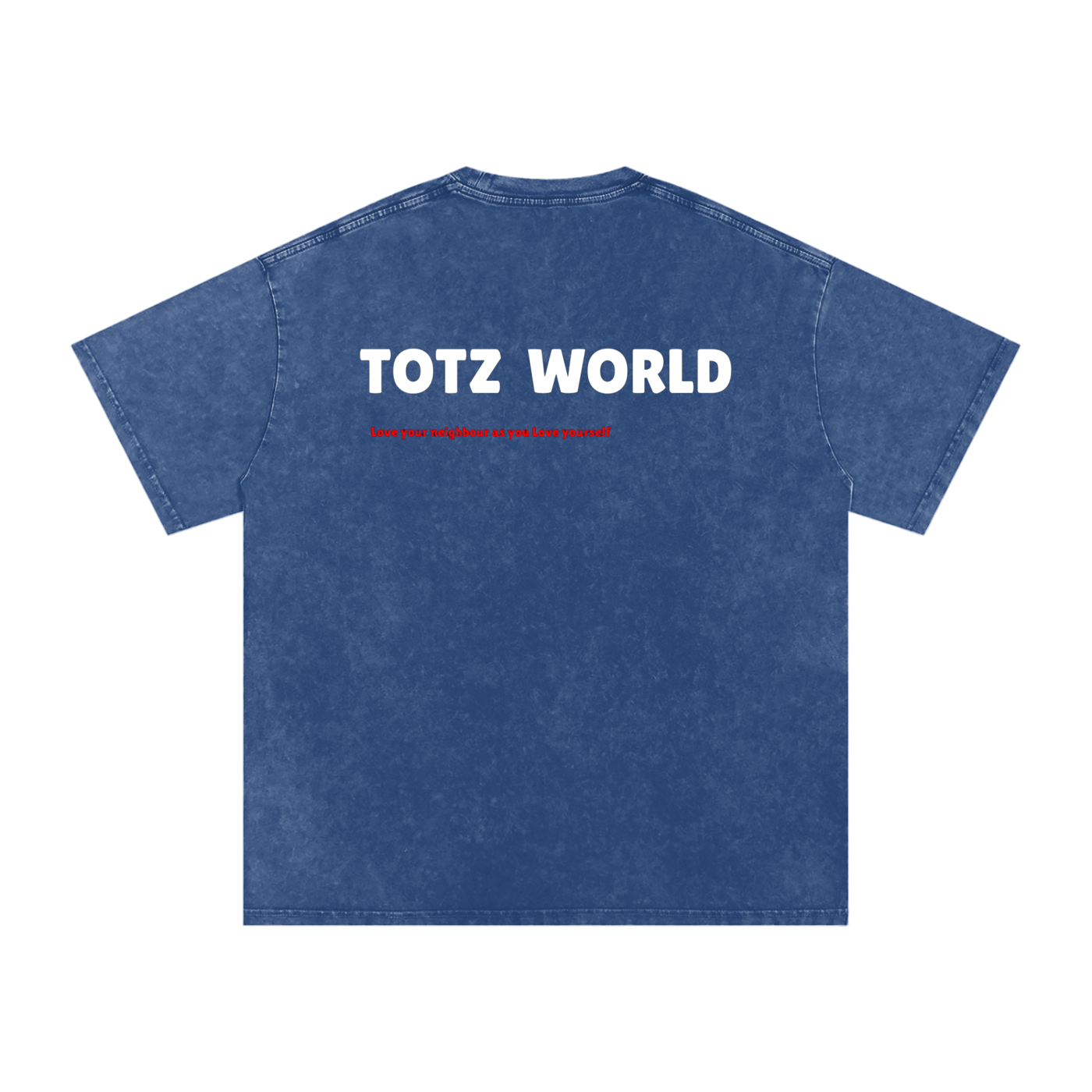 A blue Snow-wash  cotton t-shirt shown from the back, featuring the words 'TOTZ WORLD' printed in bold white capital letters with a small red line of text underneath.