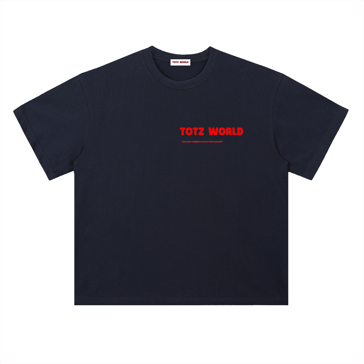 A dark navy blue heavy weight cotton short-sleeve crewneck t-shirt with 'TOTZ WORLD' printed in red across the chest, displayed flat against a solid white background.