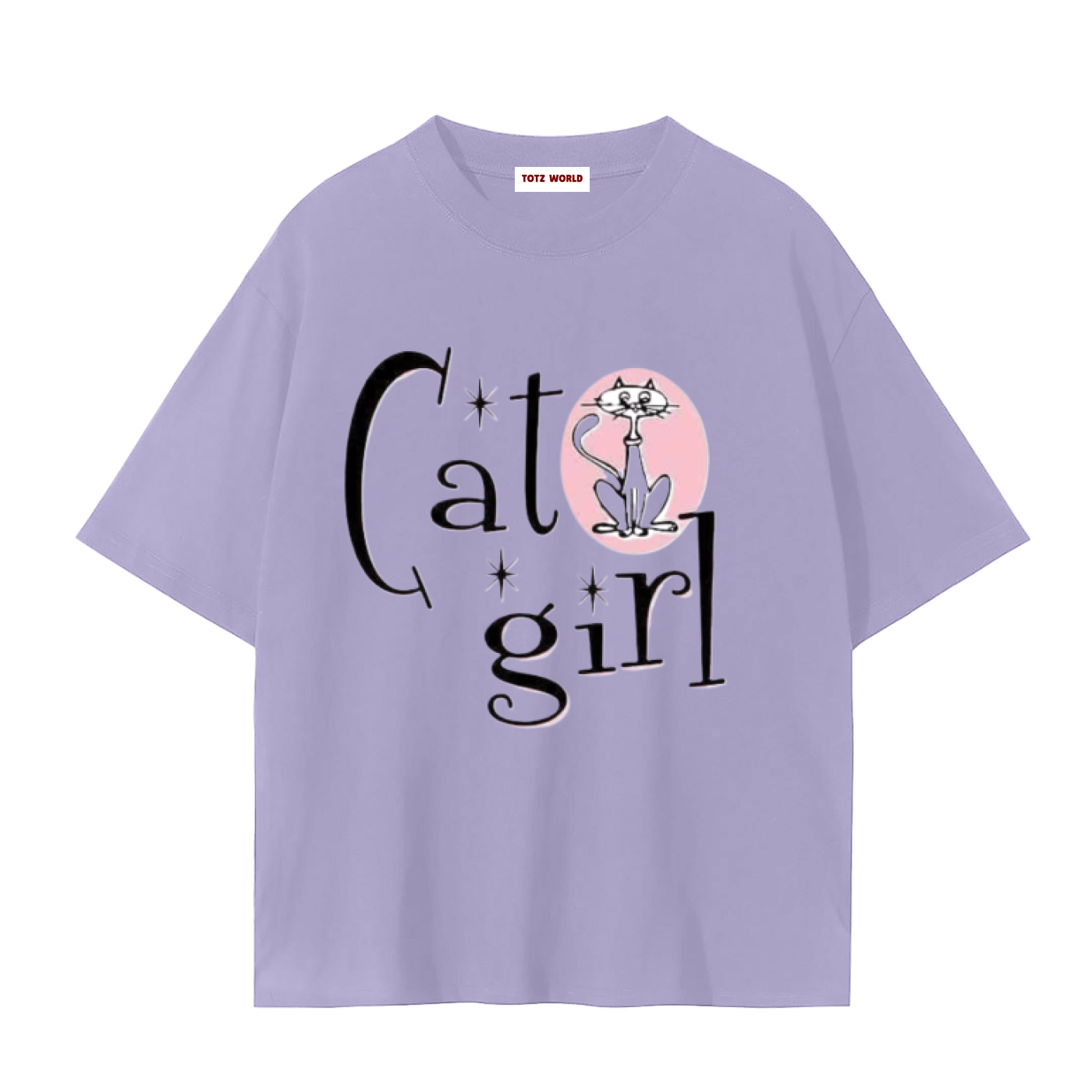 A lavender purple TOTZ-WORLD cotton short-sleeve t-shirt with a graphic print reading 'Cat girl' in black script, featuring a pink oval background with a cartoon cat inside the letter 'o'.