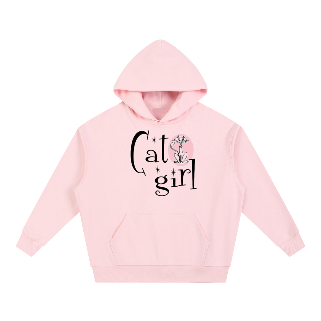A light TOTZ WORLDpink teens an adults  pullover hoodie with a front kangaroo pocket and a graphic on the chest that reads 'Cat girl' in black script, decorated with a small pink cat illustration and stars.