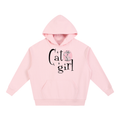 A light TOTZ WORLDpink teens an adults  pullover hoodie with a front kangaroo pocket and a graphic on the chest that reads 'Cat girl' in black script, decorated with a small pink cat illustration and stars.
