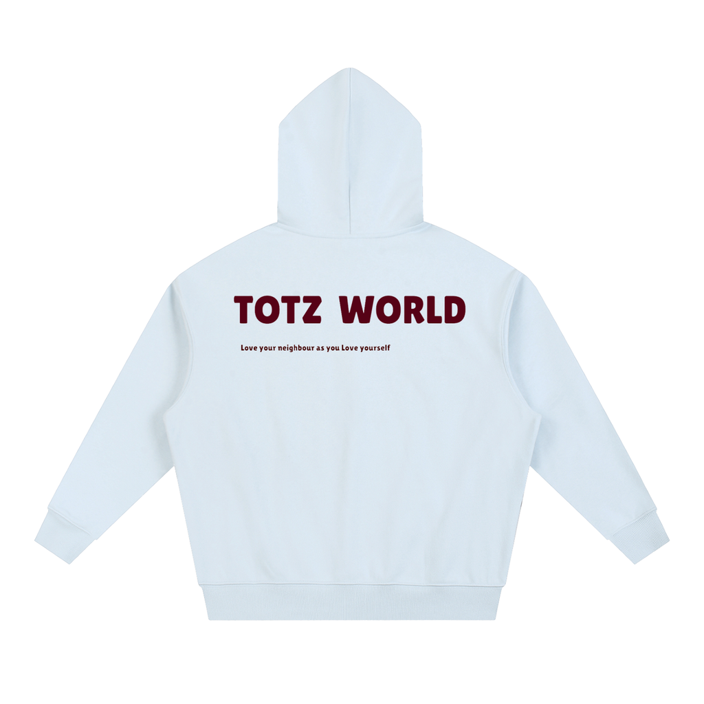 A light blue essential heavyweight warm hoodie shown from the back by TOTZ WORLD in dark red across the upper back and a smaller tagline underneath in red, displayed on a clean white background.