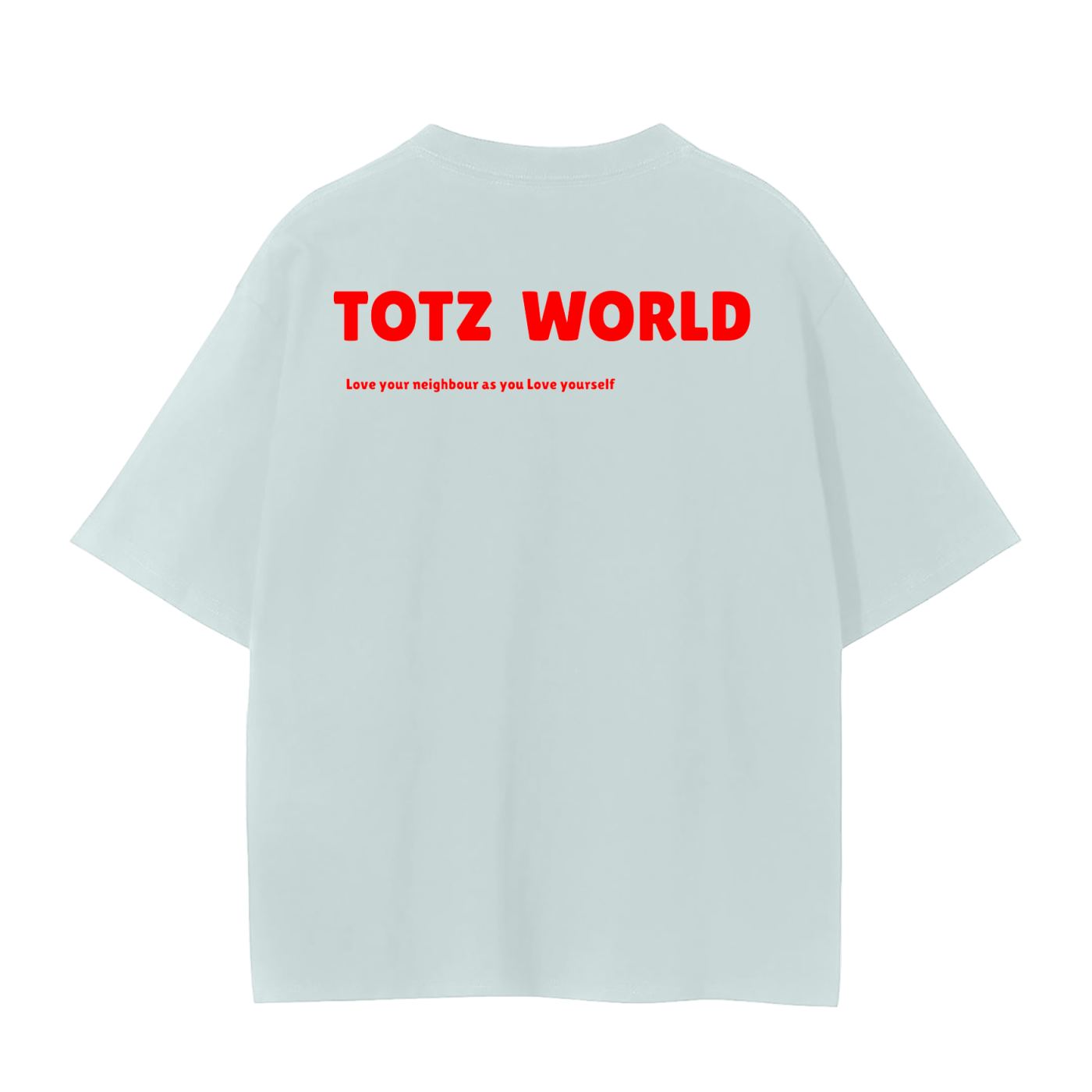 A light blue premium cotton weighted short-sleeve t-shirt shown from the back, featuring the brand name 'TOTZ WORLD' printed in bold red letters across the upper back, with a smaller red slogan underneath.