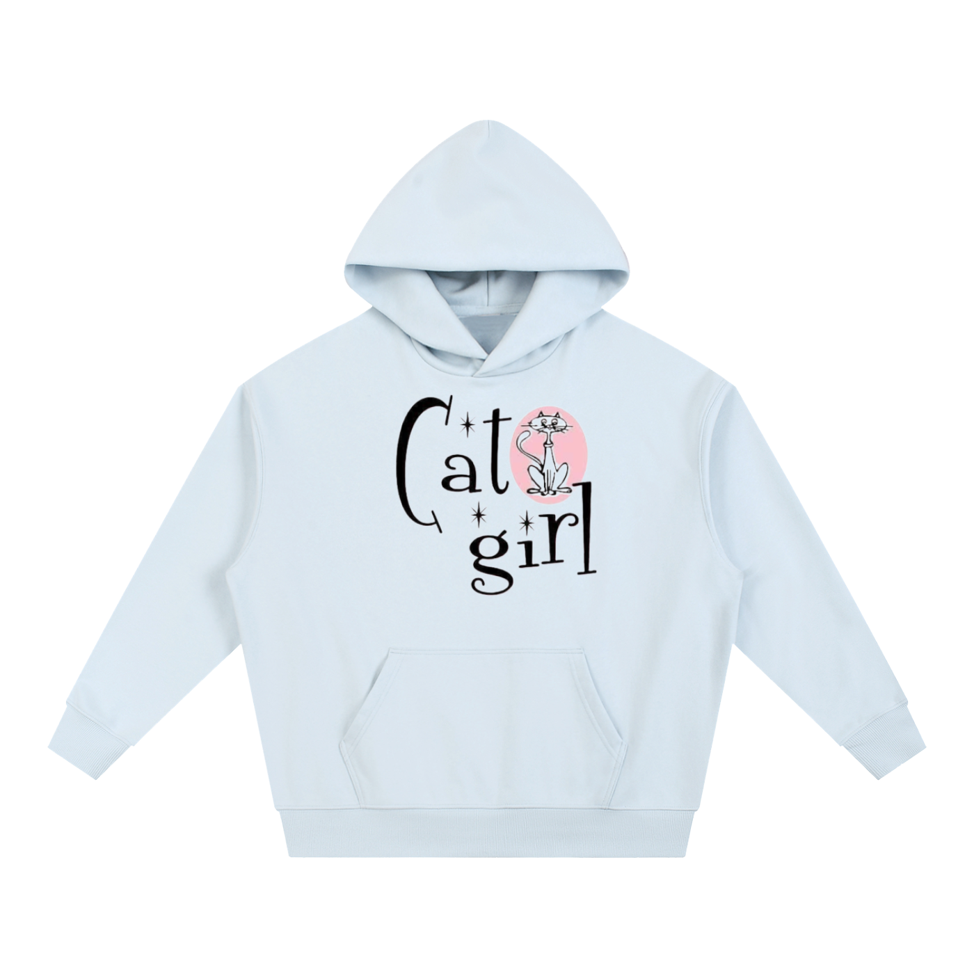 A light blue teens and adults pullover hoodie by TOTZ WORLD with a front kangaroo pocket and a graphic on the chest that reads 'Cat girl' in black script, featuring a pink circle and a small cat illustration.