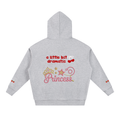 A light gray TOTZ WORLD  heather premium warm hoodie shown from the back, featuring a decorative graphic with the text 'a little bit dramatic Princess' in red and pink, along with cherry and star accents. 