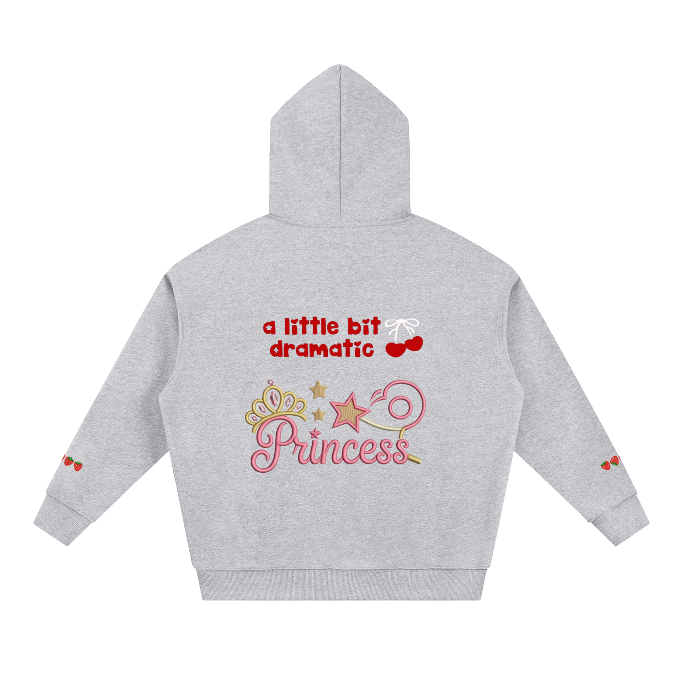 A light gray TOTZ WORLD  heather premium warm hoodie shown from the back, featuring a decorative graphic with the text 'a little bit dramatic Princess' in red and pink, along with cherry and star accents. 