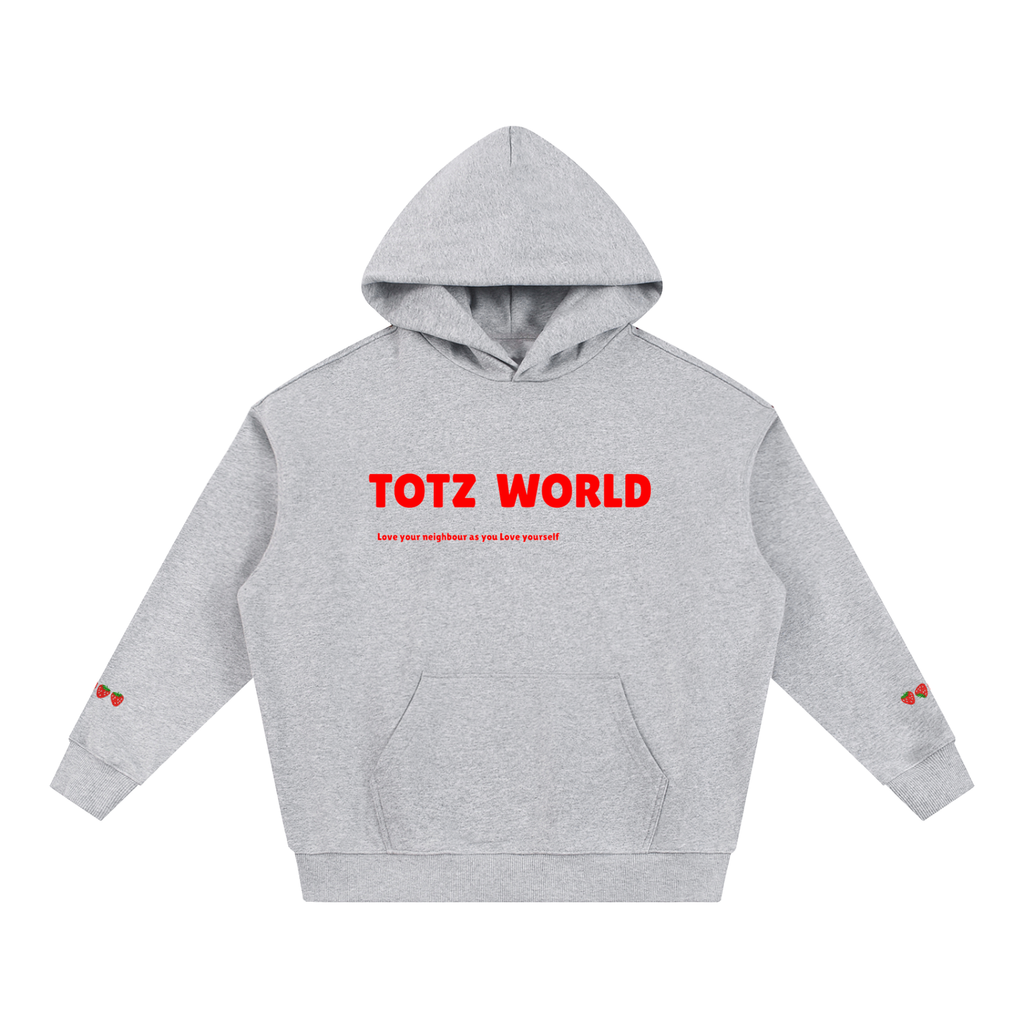A light gray heather pullover warm heavyweight hoodie with 'TOTZ WORLD' printed in bold red letters across the chest, accompanied by smaller red text underneath. The hoodie features a front kangaroo pocket and small red graphic details on both cuffs, set against a plain white background.
