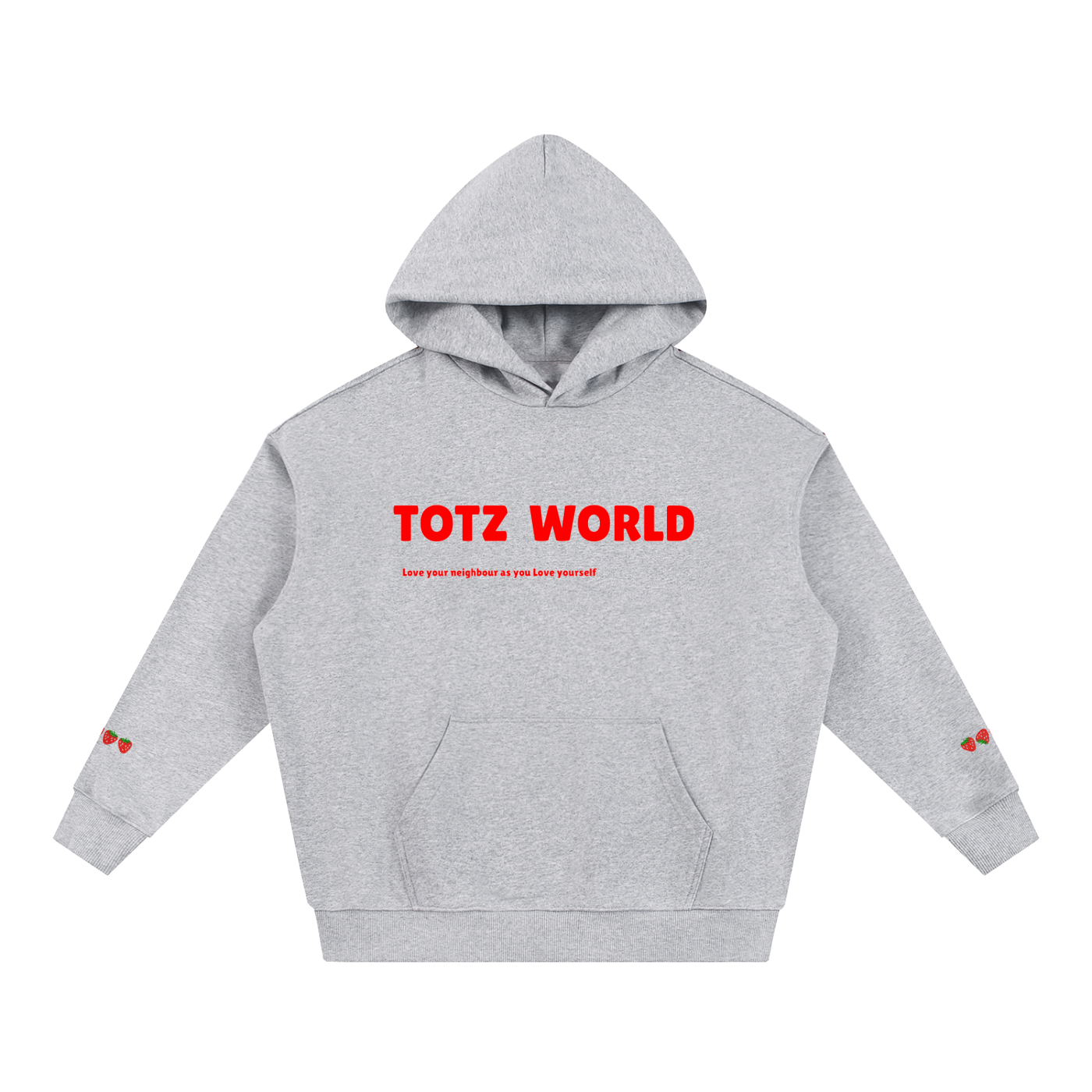 A light gray heather pullover warm heavyweight hoodie with 'TOTZ WORLD' printed in bold red letters across the chest, accompanied by smaller red text underneath. The hoodie features a front kangaroo pocket and small red graphic details on both cuffs, set against a plain white background.