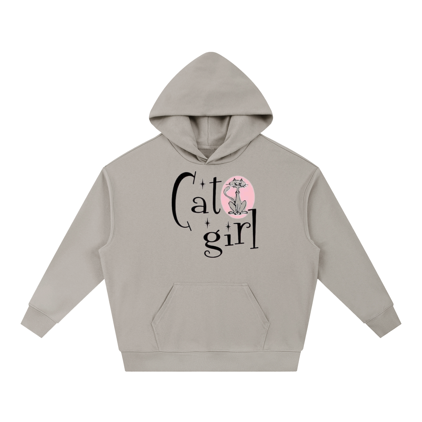 A light gray pullover essential heavy weight extra warm hoodie  by TOTZ WORLD with a front graphic that reads 'cat girl' in black script, featuring a pink circle and a small gray cat illustration, shown on a plain white background.