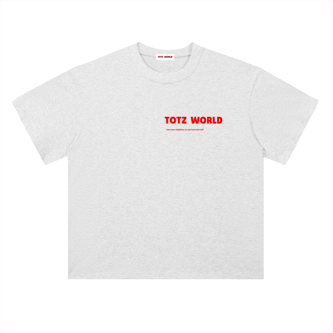 A light heather gray heavyweight warm cotton short-sleeve t-shirt with 'TOTZ WORLD' printed in red across the chest, displayed flat against a solid white background.