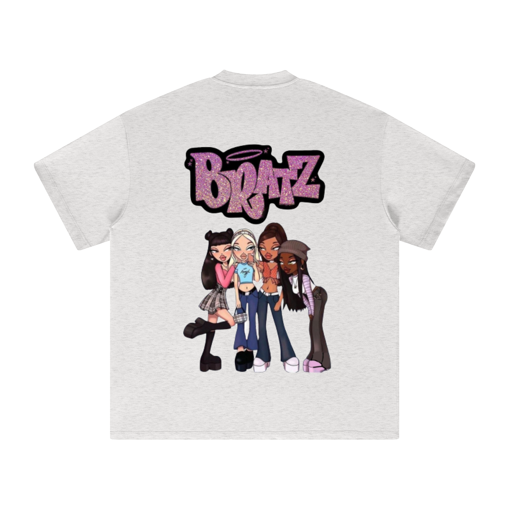 A light oat gray premium cotton TOTZ WORLD  t-shirt featuring a large BRATZ graphic print on the back. The graphic displays the word 'Bratz' in a pink glittery font with a halo above four cartoon-style Bratz sisters wearing jeans and boots.