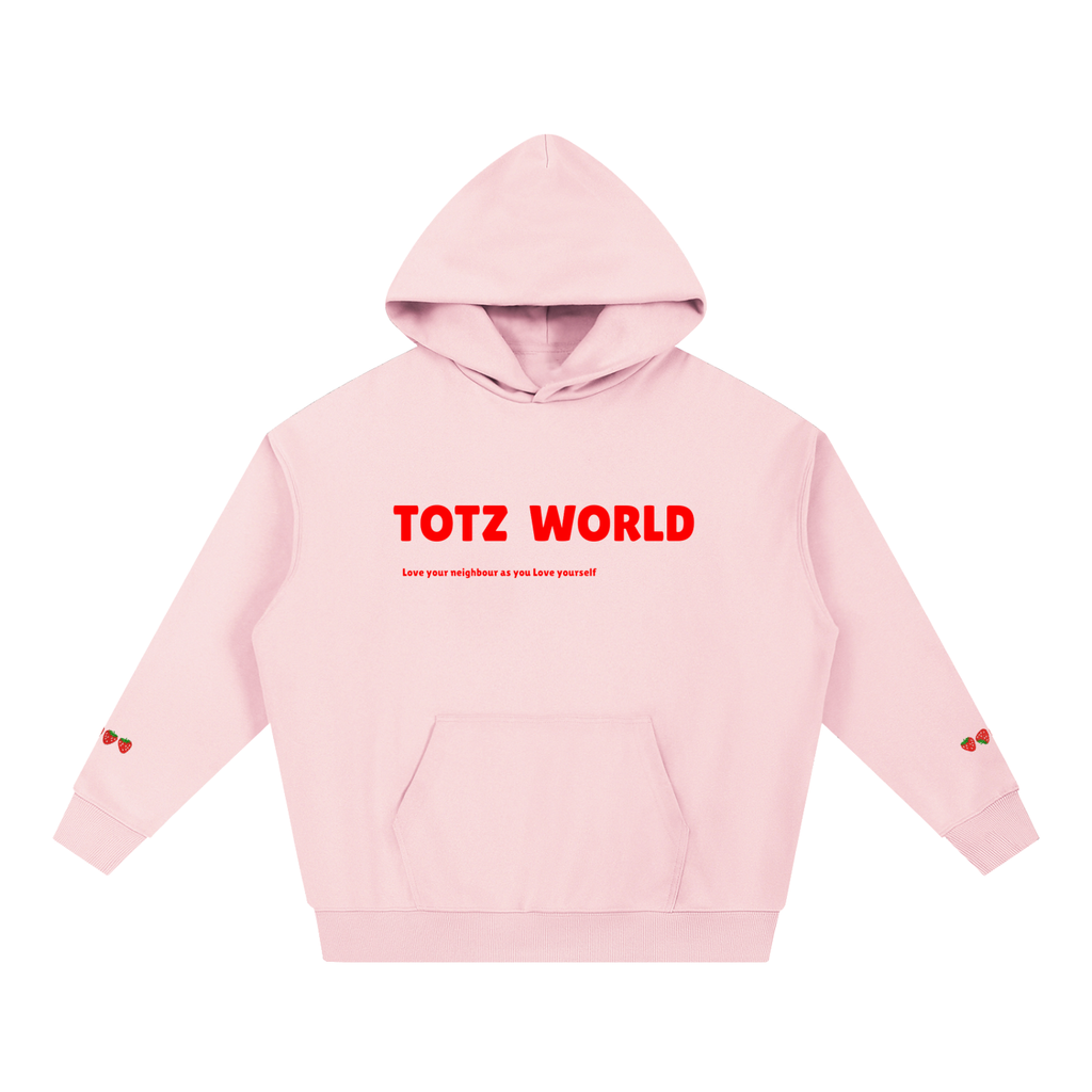 A light pink TOTZ WORLD pullover heavyweight  hoodie printed in bold red letters across the chest, accompanied by smaller red text underneath. The hoodie features a front kangaroo pocket and small red cherry graphics on the cuffs.