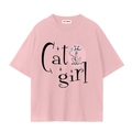 A light pink TOTZ WORLD short-sleeve t-shirt with a graphic print on the front that reads 'Cat girl' in black script, featuring a cute cartoon cat inside a pink circle.
