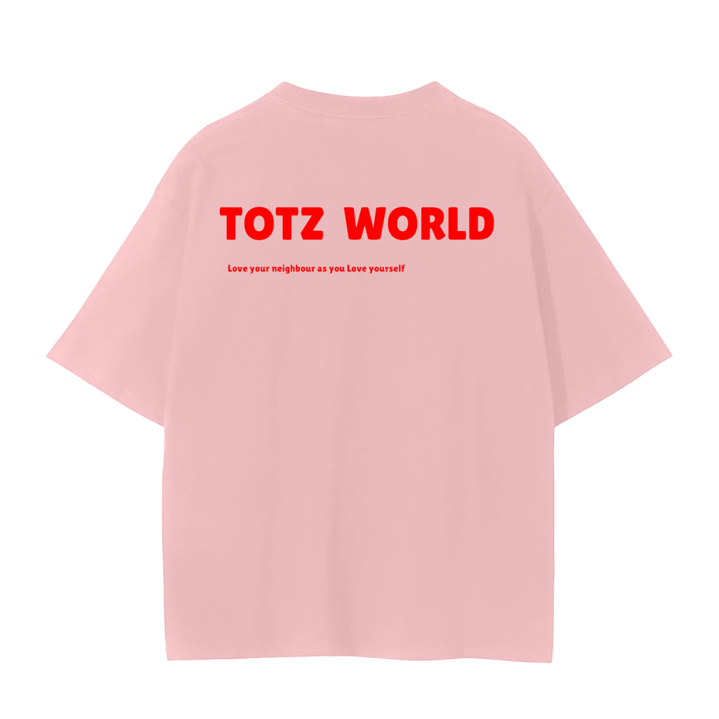 A light pink TOTZ WORLD short-sleeve t-shirt shown from the back, featuring the text 'TOTZ WORLD' in bold red letters with a smaller red line of text underneath, displayed on a clean white background.