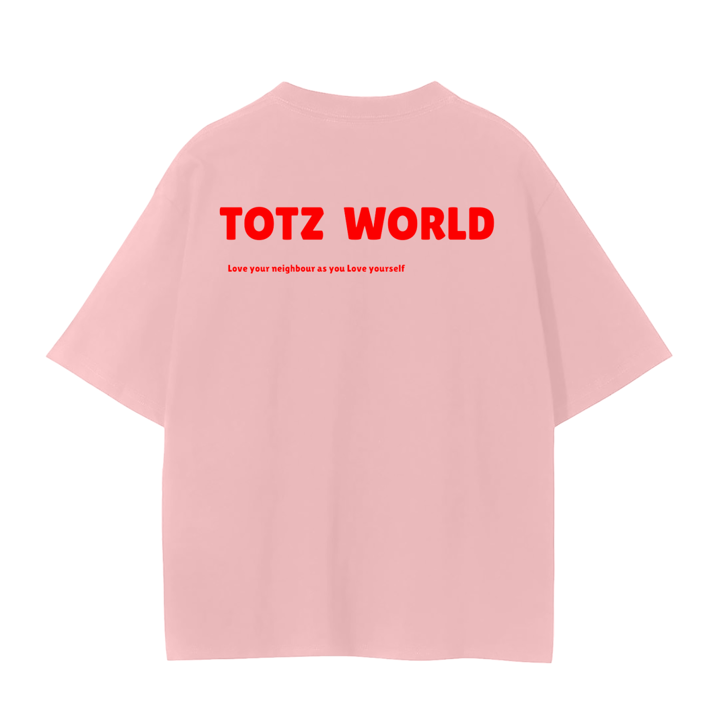 A light pink TOTZ WORLD short-sleeve t-shirt shown from the back, featuring the text 'TOTZ WORLD' in bold red letters with a smaller red line of text underneath, displayed on a clean white background.