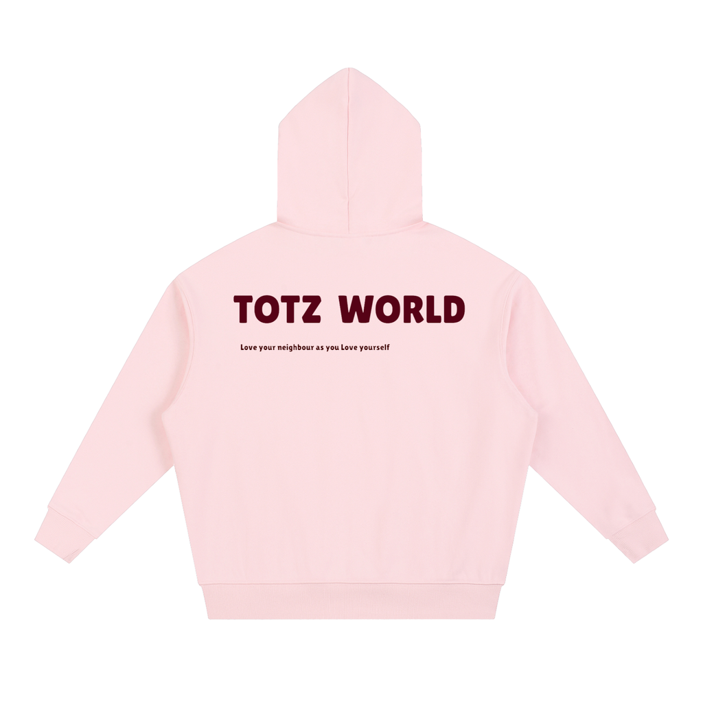 A light pink hoodie shown from the back, by TOTZ WORLD in dark red across the upper back and a smaller line of text underneath, displayed on a solid white background.