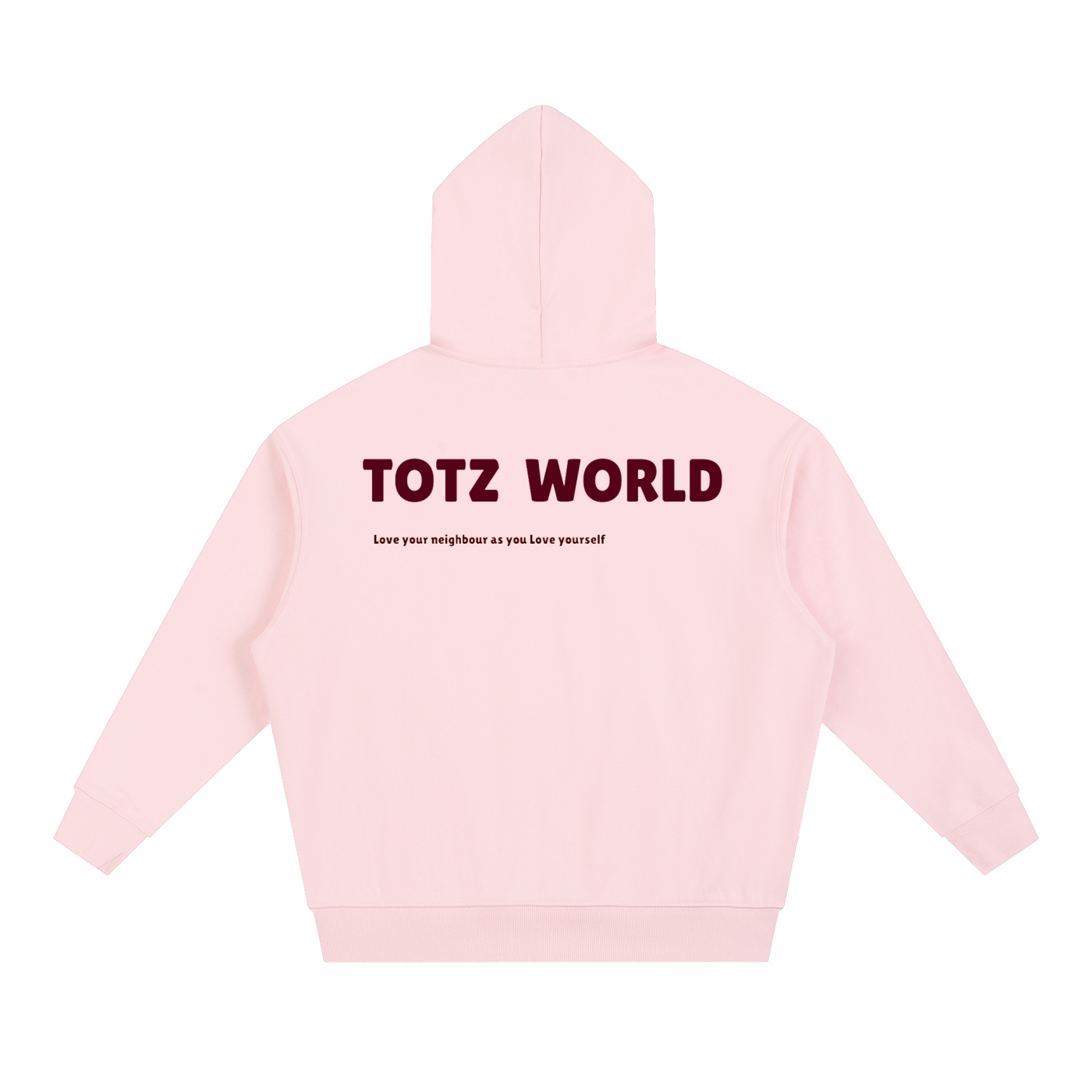A light pink hoodie shown from the back, by TOTZ WORLD in dark red across the upper back and a smaller line of text underneath, displayed on a solid white background.
