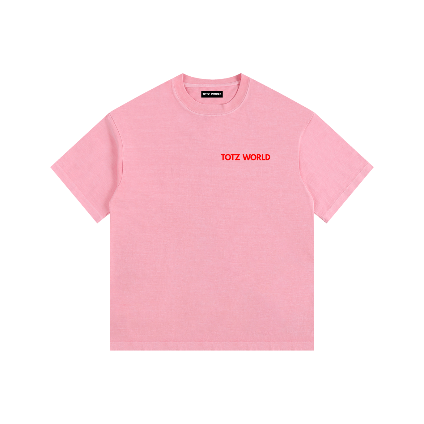 A light pink short-sleeve crewneck t-shirt with 'TOTZ WORLD' printed in red across the chest, displayed flat against a solid white background.