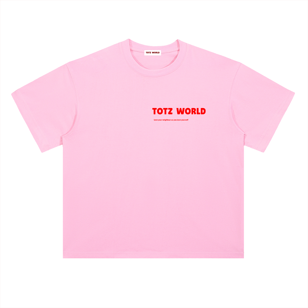 A light pink short-sleeve heavyweight cotton crewneck t-shirt with 'TOTZ WORLD' printed in red across the chest, displayed flat against a solid white background