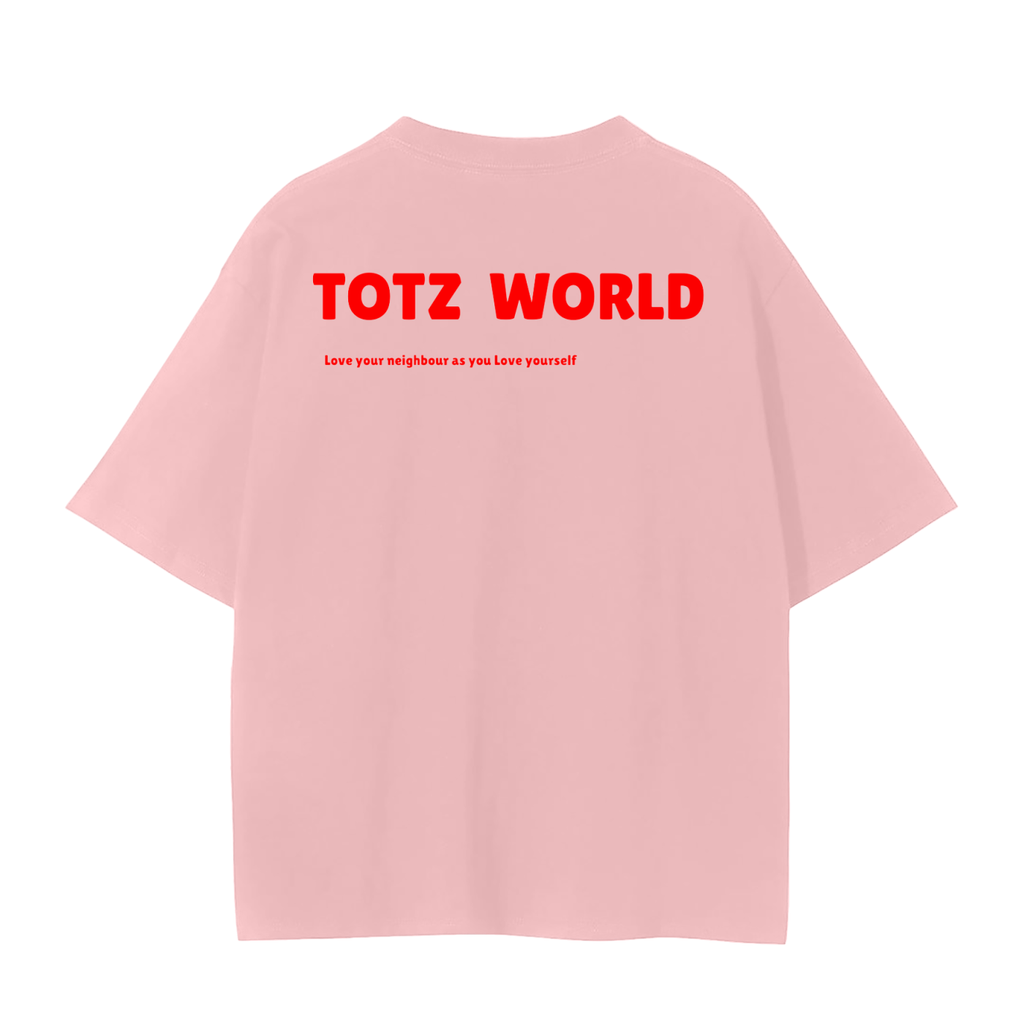A light pink weighted premium cotton short-sleeve t-shirt shown from the back, featuring the brand'TOTZ WORLD' in bold red letters with a smaller red line of text underneath.