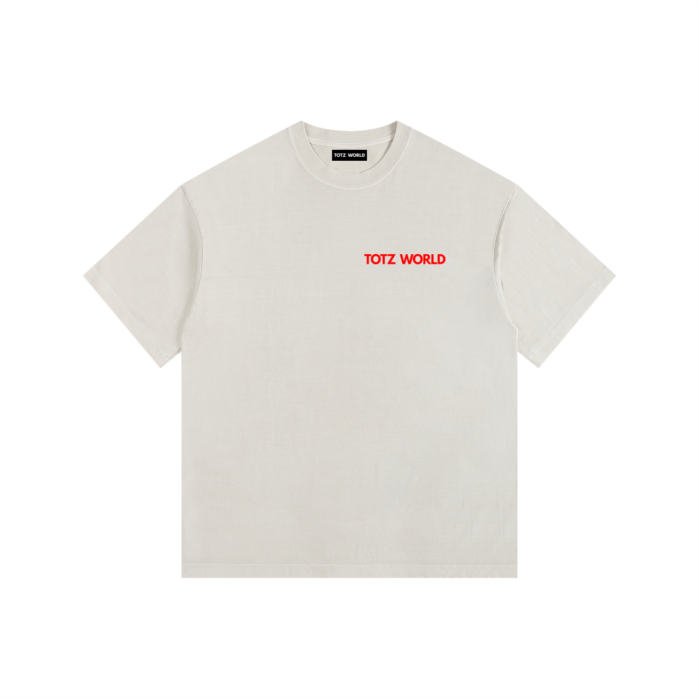 A light white  crewneck t-shirt with 'TOTZ WORLD' printed in red text on the chest, displayed flat against a solid white background.