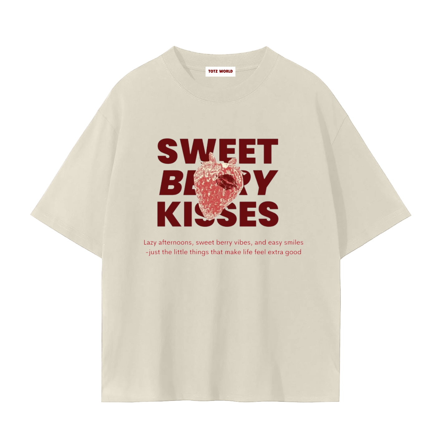 A mild apricot-colored TOTZ WORLD premium cotton short-sleeve t-shirt with a red graphic print on the front reading 'SWEET BERRY KISSES' with a strawberry illustration, displayed on a solid white background.