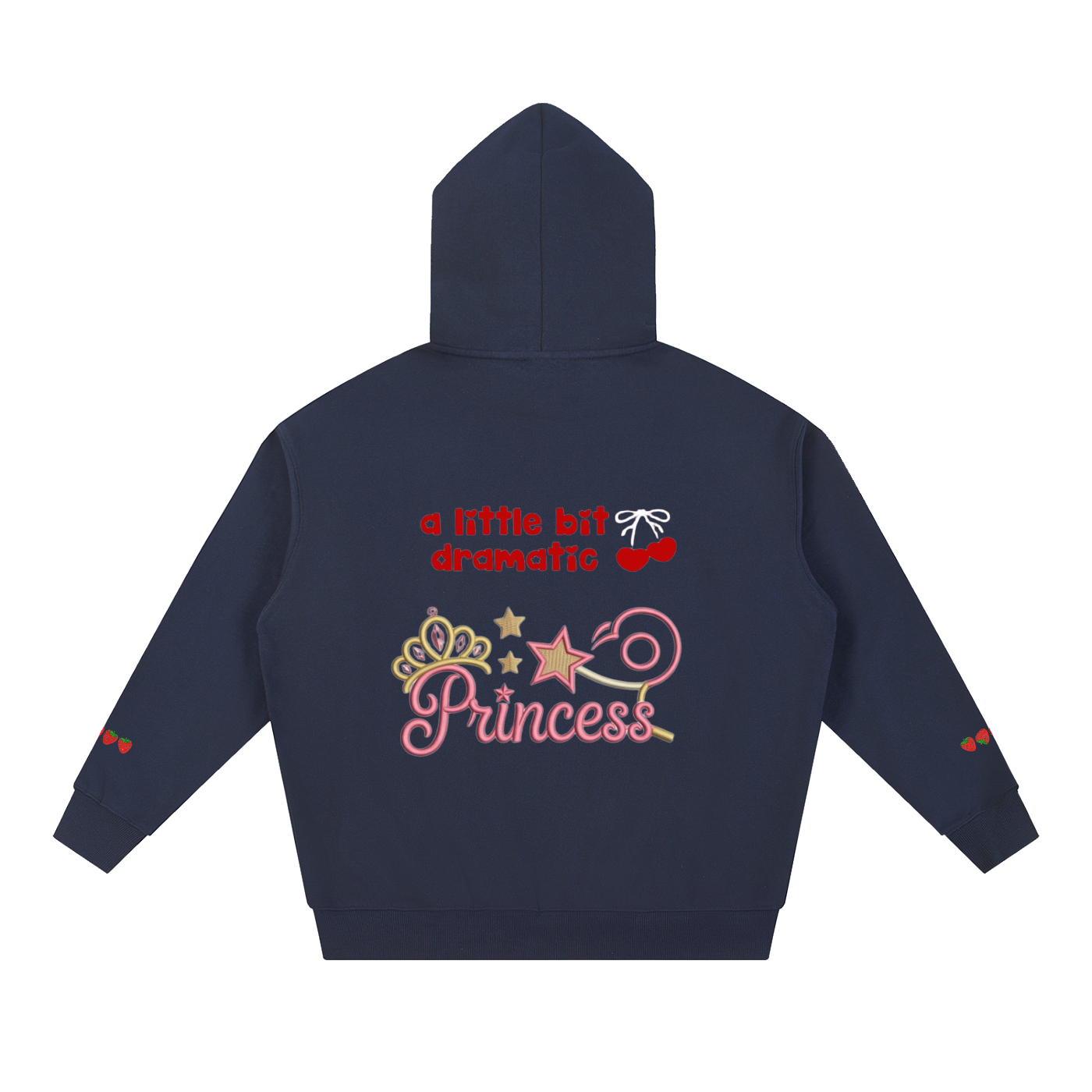 A navy blue TOTZ WORLD premium warm heavyweight  hoodie shown from the back, featuring a colorful graphic print with the text 'a little bit dramatic Princess' and decorative elements including a crown, stars, and cherries.