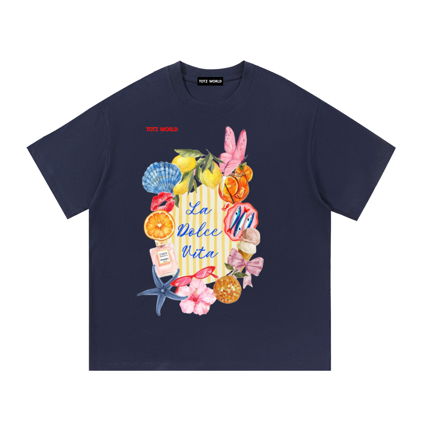 A navy  TOTZ WORLD blue short-sleeve t-shirt with a colorful graphic print on the front featuring seashells, lemons, starfish, and the text 'La Dolce Vita' 