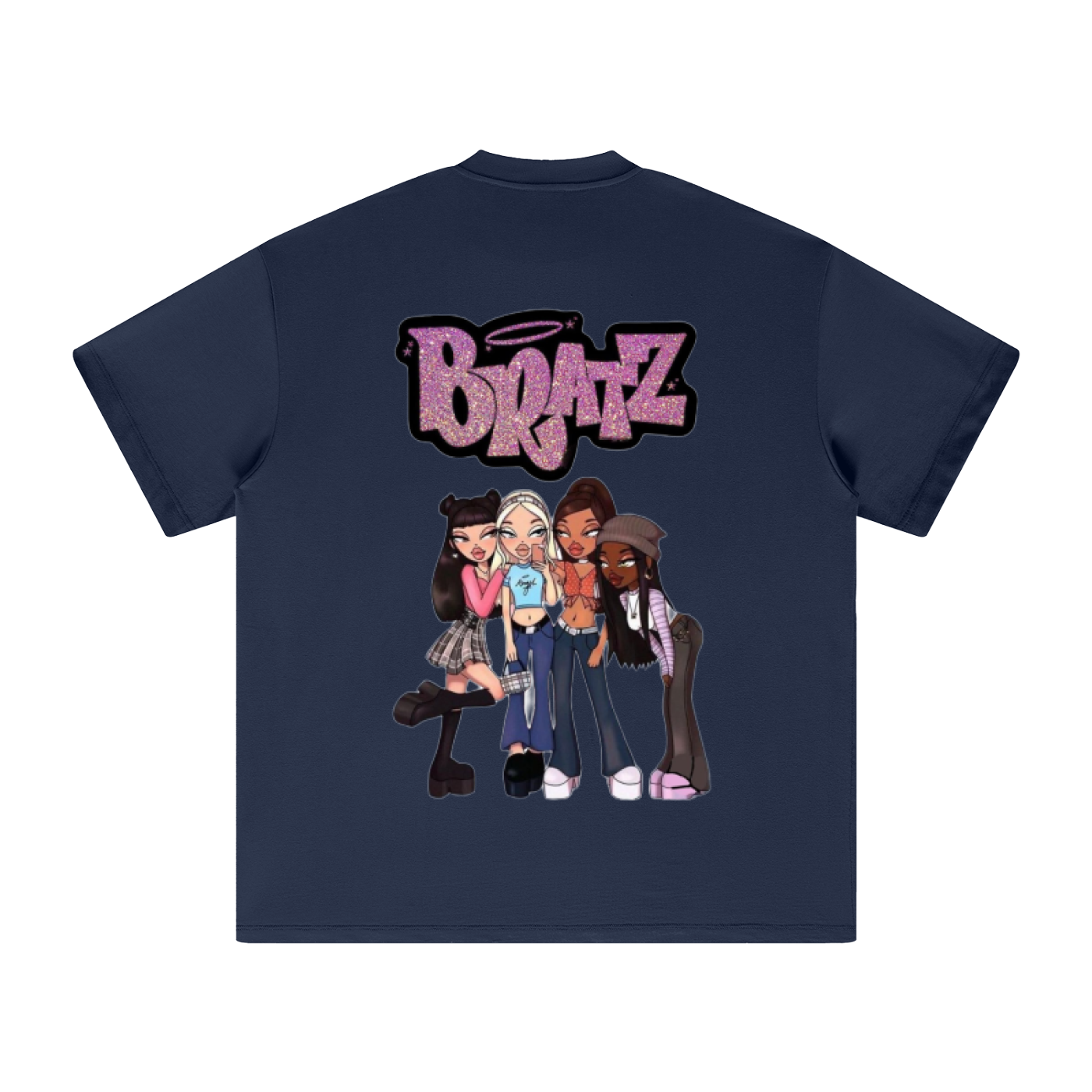 A navy blue premium cotton TOTZ WORLD Y2K short-sleeve t-shirt with a large graphic print on the back. The graphic features the word 'Bratz' in a pink glittery font with a halo above four cartoon-style characters in pink, blue, and brown outfits.
