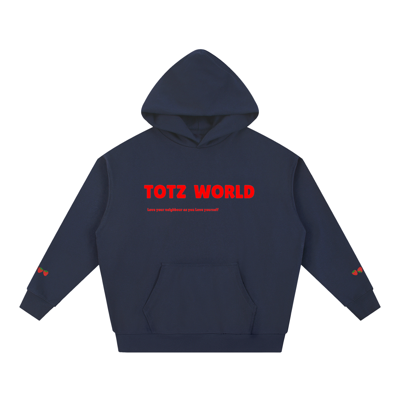 A navy blue premium heavyweight warm pullover hoodie from'TOTZ WORLD' printed in bold red letters across the chest, accompanied by smaller red text underneath and small red logo details on the cuffs, shown against a plain white background.