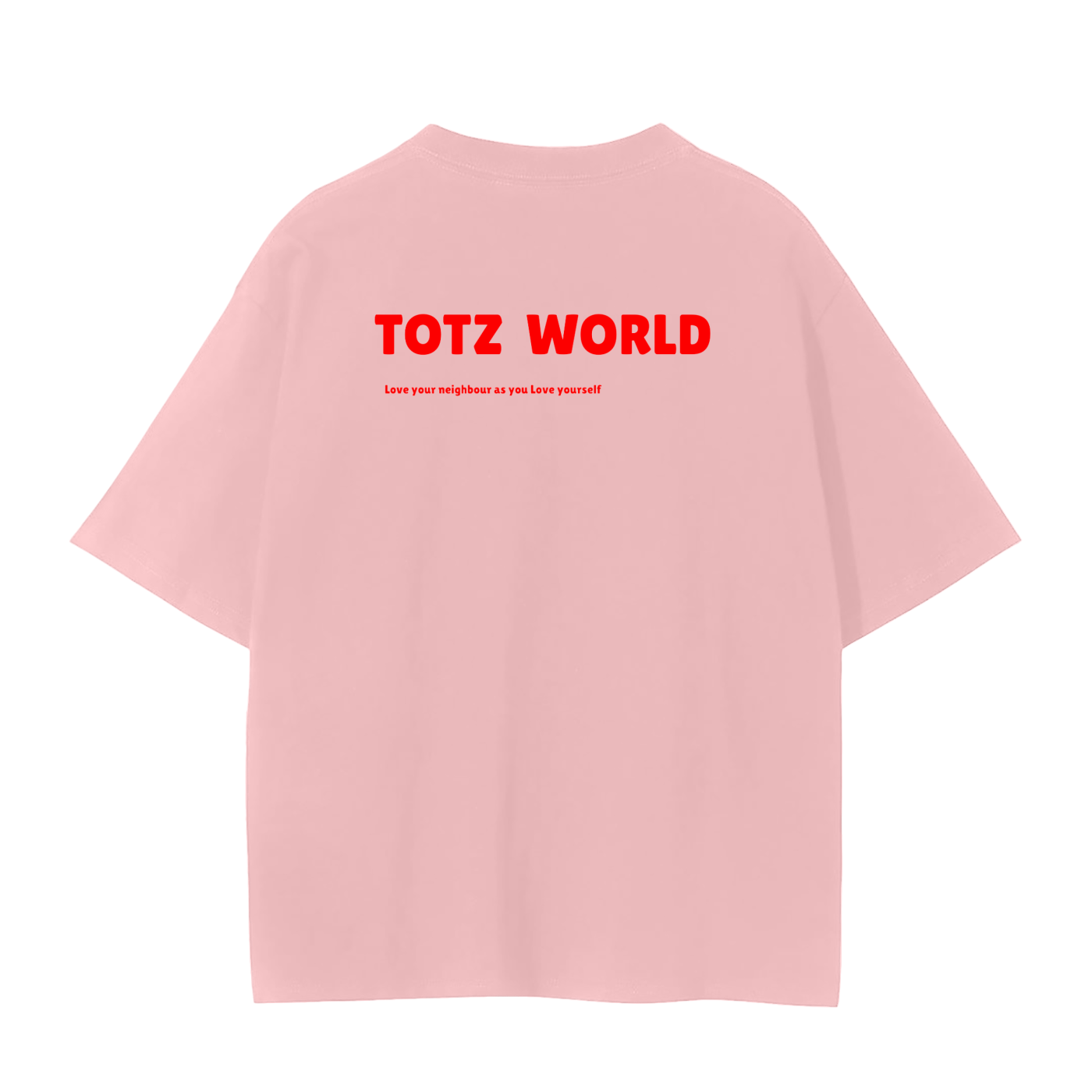 A light pink  TOTZ WORLD short-sleeve t-shirt shown from the back, featuring the words 'TOTZ WORLD' printed in bold red letters across the upper back with a smaller red slogan underneath.