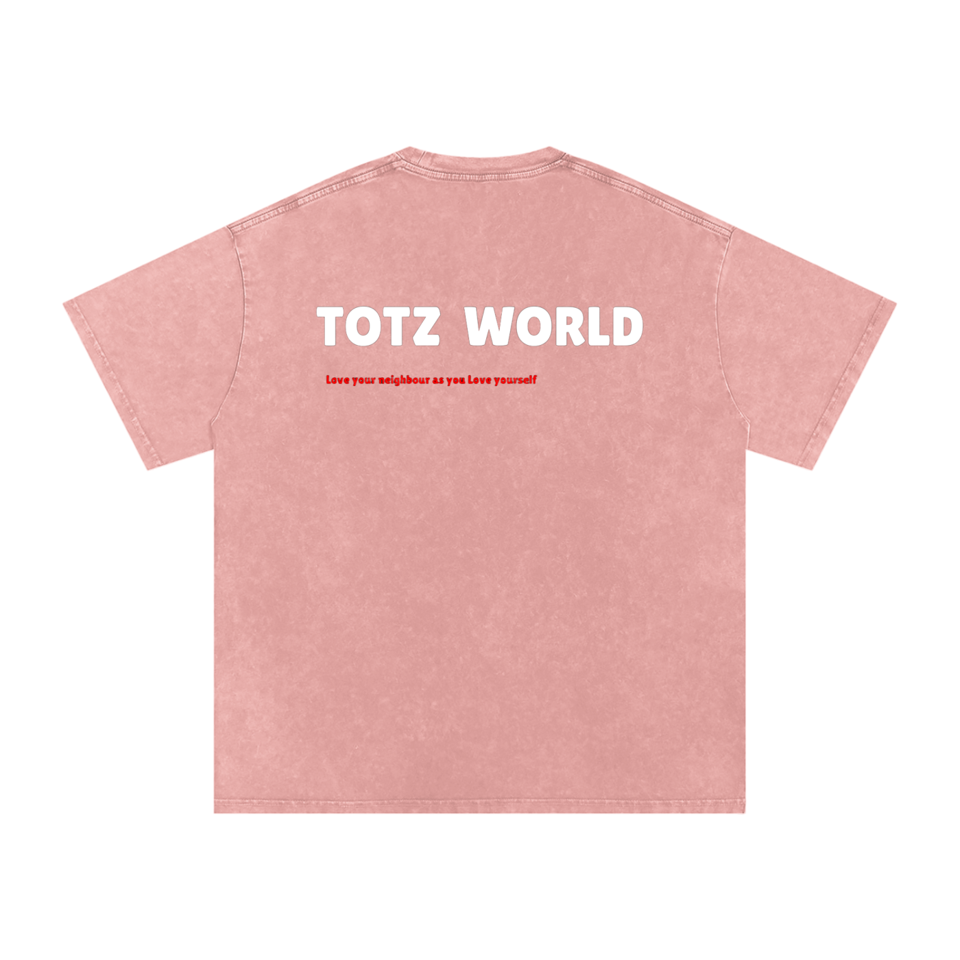 A pink short-sleeve snow- wash  t-shirt with 'TOTZ WORLD' printed in white across the back and a smaller red slogan underneath, shown on a plain white background.