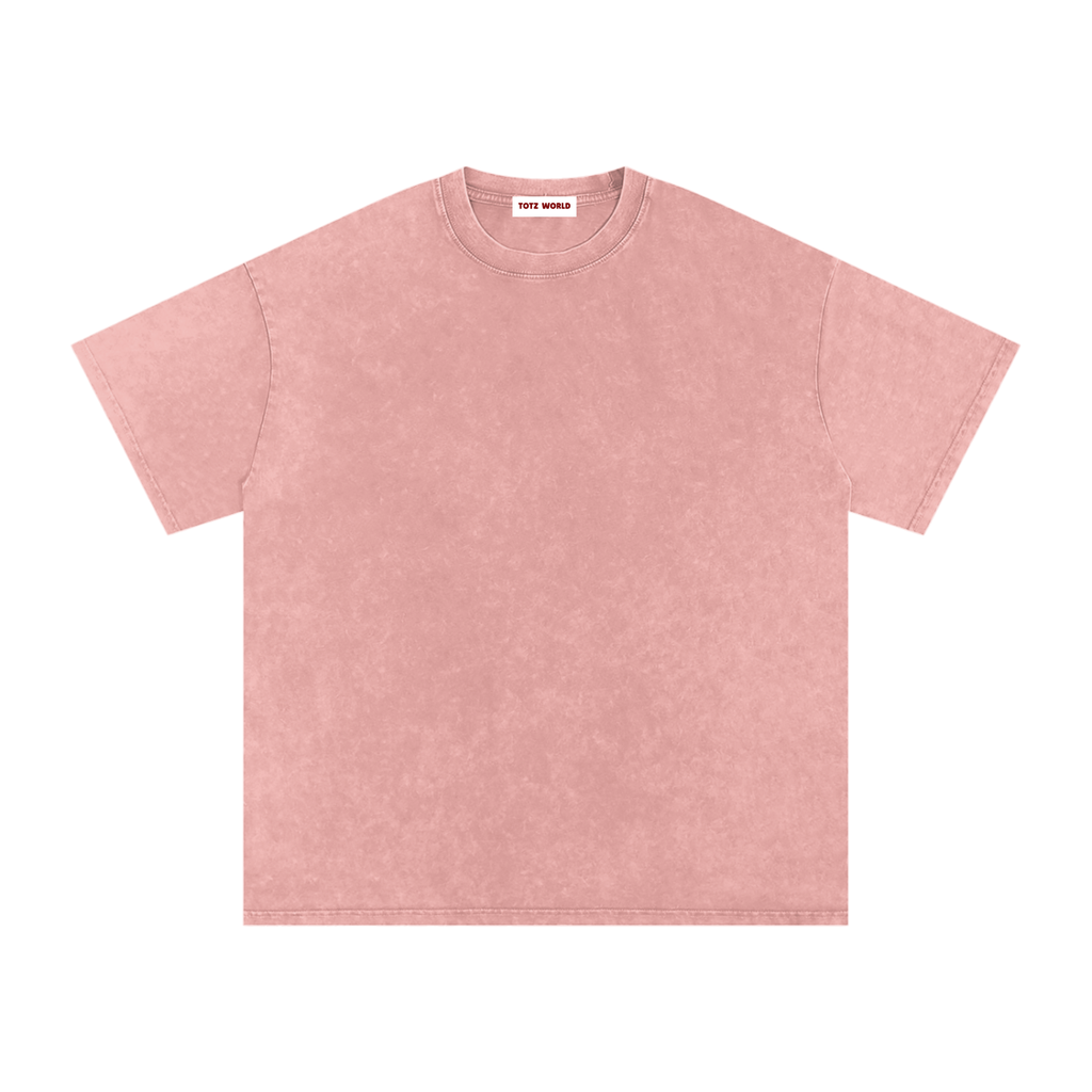A short-sleeve crewneck TOTZ WORLD  t-shirt in a light Pink snow-wash fabric, shown flat against a solid white background.