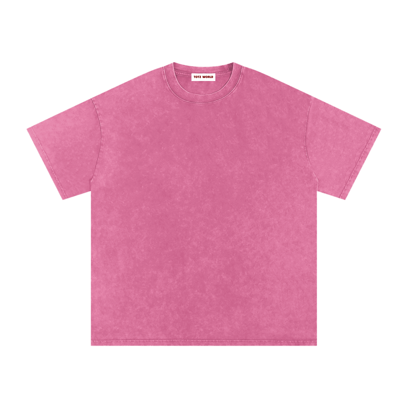 A short-sleeve crewneck TOTZ WORLD t-shirt in a pink  snow-wash fabric, shown flat against a solid white background.