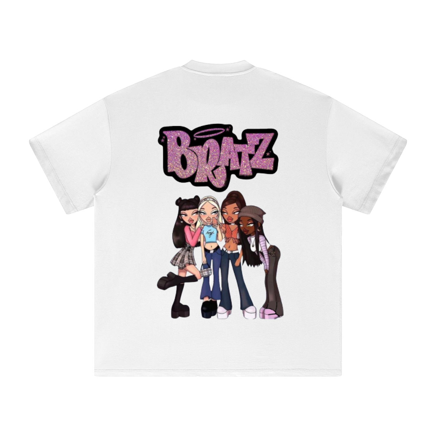A white TOTZ WORLD Y2K cotton short-sleeve t-shirt shown from the back, featuring a large graphic print of the word 'Bratz' in pink glitter-style lettering above four cartoon characters in various outfits.