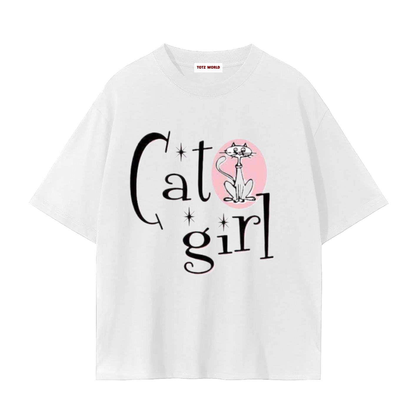 A white  TOTZ WORLD short-sleeve t-shirt with a graphic print on the front. The graphic features the text 'Cat girl' in a stylized black font, with a small black-and-white cat illustration inside a pink circle replacing the letter 'o'.