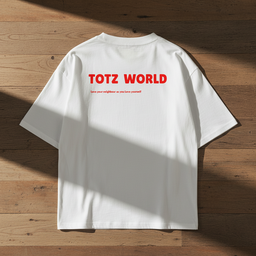 A white short-sleeve t-shirt with 'TOTZ WORLD' printed in bold red letters and a smaller red slogan underneath, displayed against a solid wooden floor