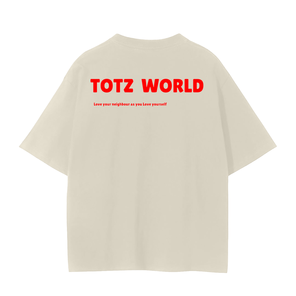 An oversized premium cotton weighted mild apricot-colored t-shirt shown from the back, featuring the words 'TOTZ WORLD' printed in bold red letters across the upper back with a smaller red line of text underneath.