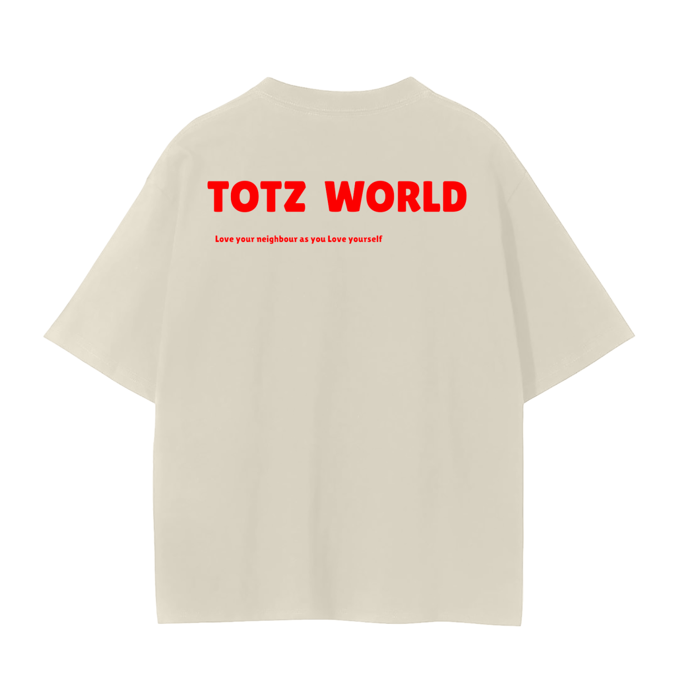 An oversized premium cotton weighted mild apricot-colored t-shirt shown from the back, featuring the words 'TOTZ WORLD' printed in bold red letters across the upper back with a smaller red line of text underneath.