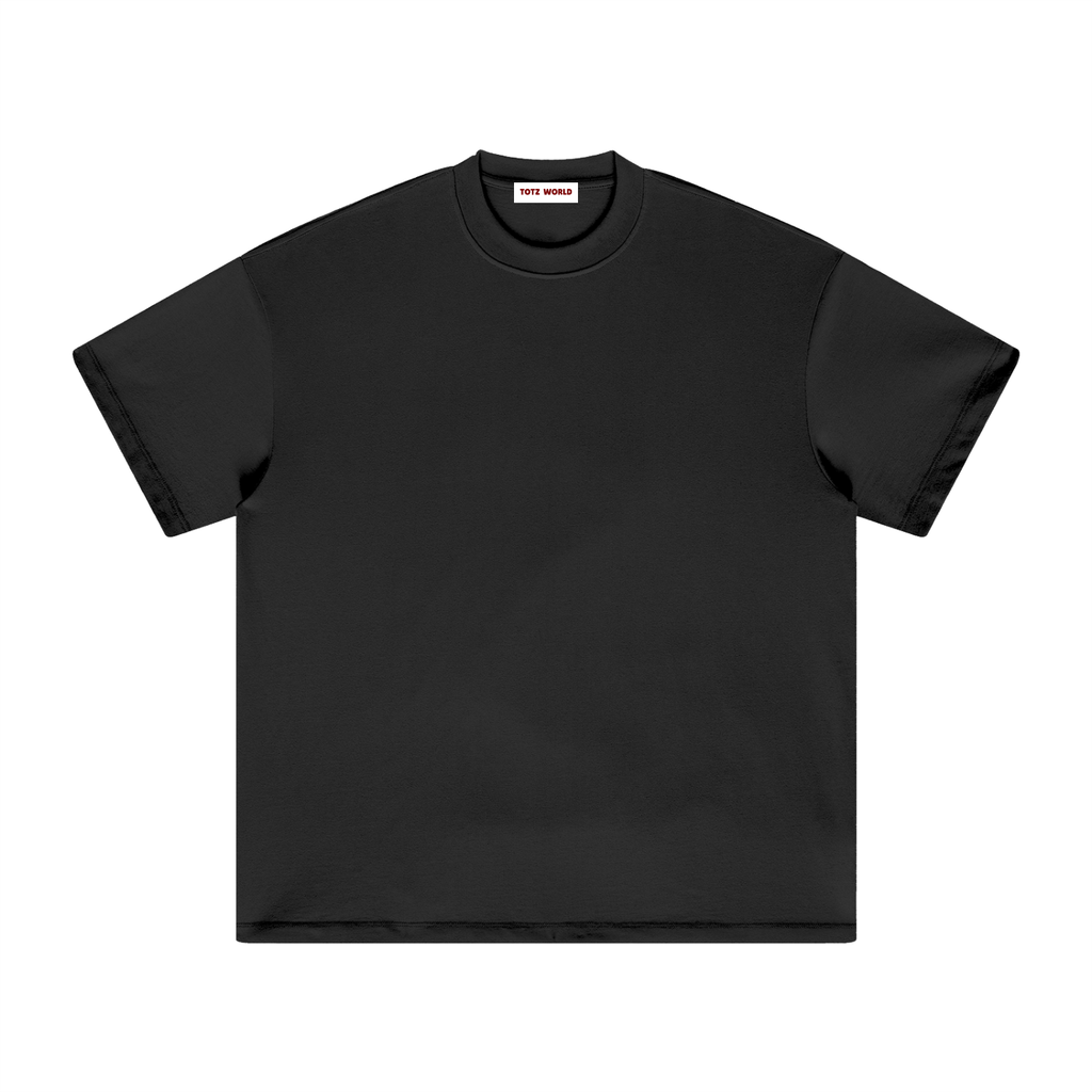 Black TOTZ WORLD heavy weight  t-shirt with a small white logo on a white background