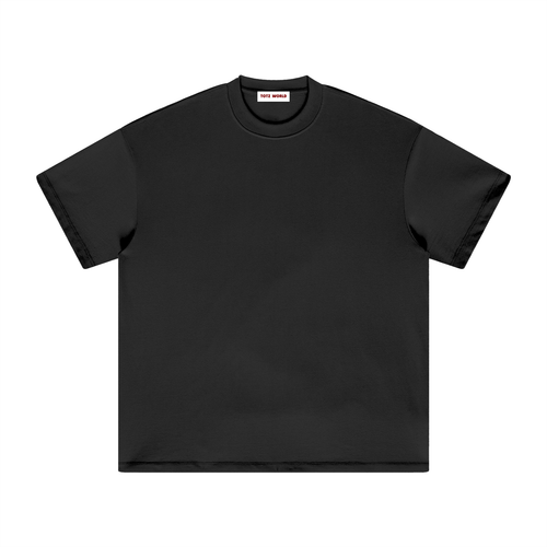Black TOTZ WORLD heavy weight  t-shirt with a small white logo on a white background